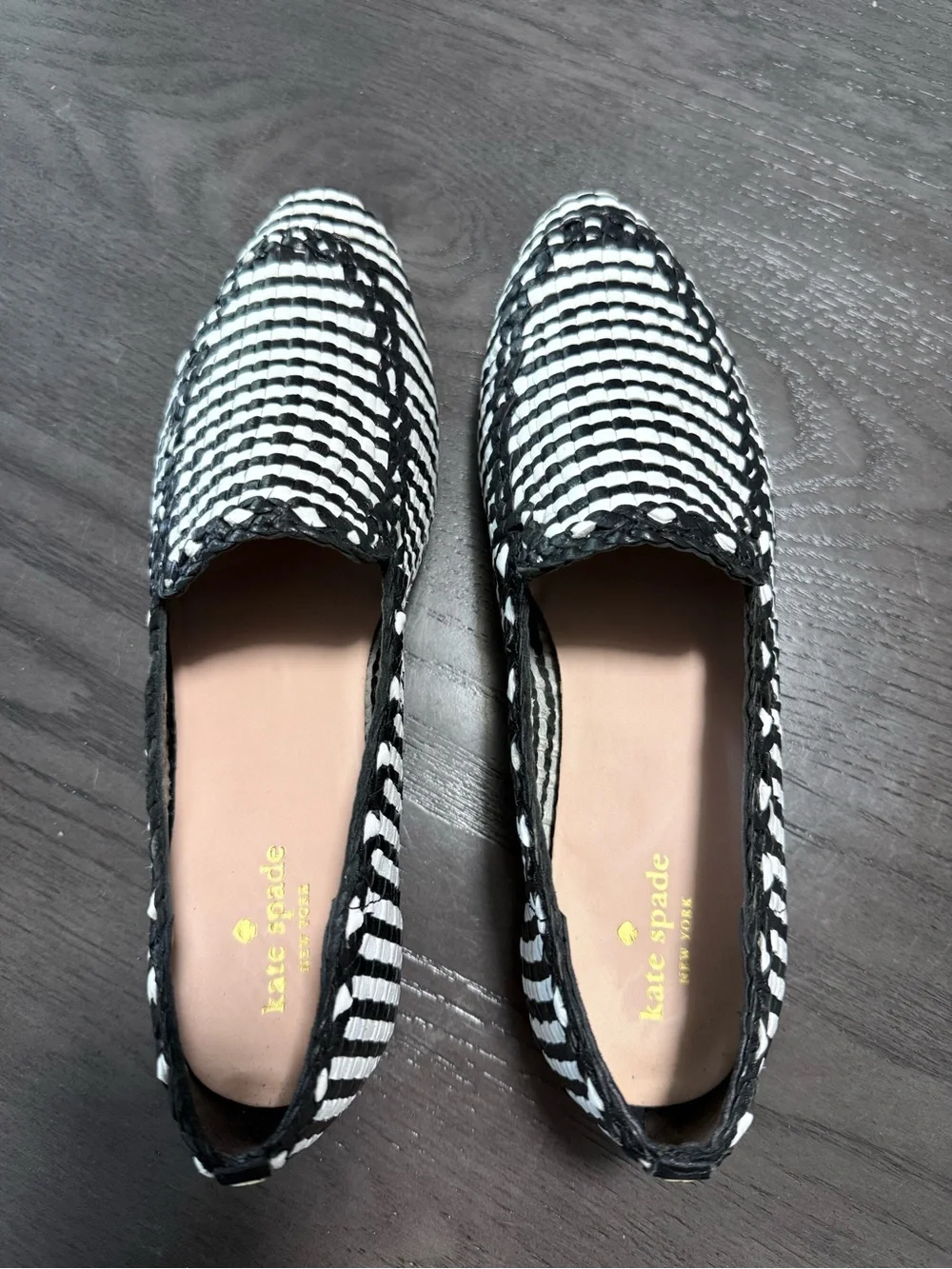 Kate Spade New York Woven Black White Loafers Women’s Size 10 B Leather Sole EUC